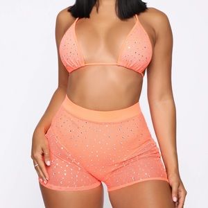 Icy Girl Rhinestone 2 Piece Sunsuit - Neon Orange